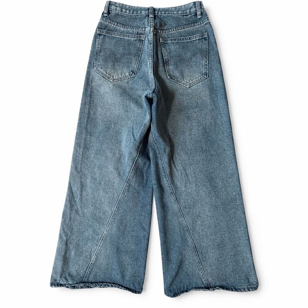 Vintage Wide Leg Jeans High Rise Distressed Seam Blue Denim 25x28